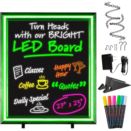 Green Light LED Message Writing Board with 8 Border Color Options, 23"L x 27"W