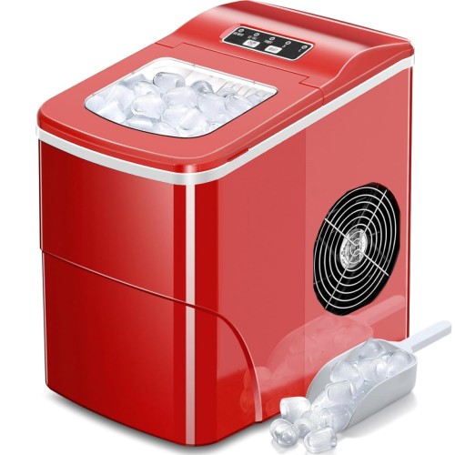 AGLUCKY Ice Makers Countertop with Self-Cleaning, 26.5lbs/24hrs, 9 Cubes Ready in 6~8Mins, Portable Ice Machine with 2 Sizes Bullet Ice/Ice Scoop/Basket for Home/Kitchen/Office/Bar/Party, Red