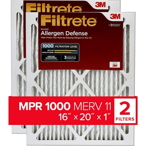 Filtrete 16x20x1 Air Filter, MPR 1000, MERV 11, Micro Allergen Defense 3-Month Pleated 1-Inch Air Filters, 2 Filters