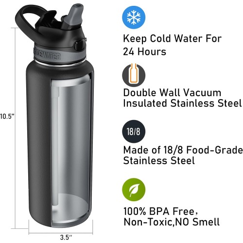 ICEWATER-128 oz, One gallon, Insulated Water Bottle With Straw, Auto Straw Lid, Pop-up Top, One-hand Operation, Lockable Lid, Leak Proof, Double Walled Vacuum Stainless Steel (128 oz, Black)