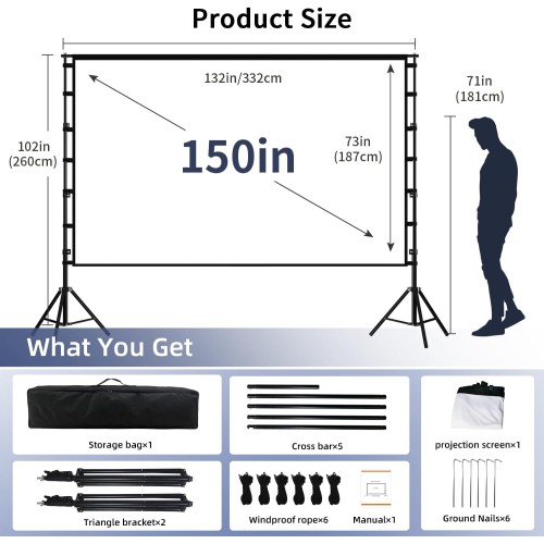 Projector Screen with Stand, Wootfairy 150 inch Portable and Foldable Projection Screen 4K HD 16:9 Rear Front Wrinkle-Free Movie Screen with Carry Bag for Indoor Outdoor Home Theater Backyard Cinema