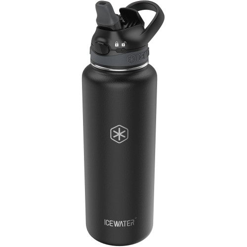 ICEWATER-128 oz, One gallon, Insulated Water Bottle With Straw, Auto Straw Lid, Pop-up Top, One-hand Operation, Lockable Lid, Leak Proof, Double Walled Vacuum Stainless Steel (128 oz, Black)