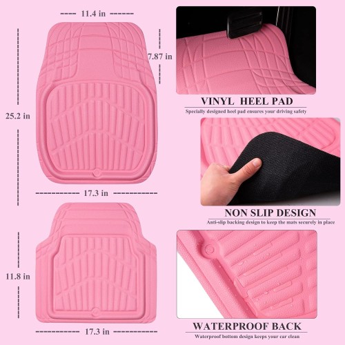 CAR PASS Leather Car Floor Mats -3D Waterproof All Weather, Universal Trim to Fit & Anti-Slip Burr Bottom Safety & Light Easy Clean Install for SUV Truck Auto (Pink) 4 Piece Sedan Van