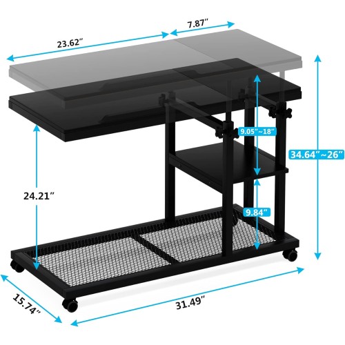 Tribesigns Height Adjustable C Table with Wheels, Mobile Couch Snack Side Table with Tiltable Drawing Board, Sofa Bedside Laptop Stand C Shaped TV Tray with Storage Shelves (Black)