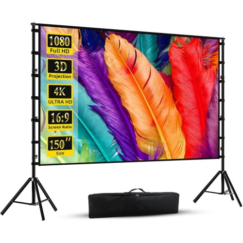 Projector Screen with Stand, Wootfairy 150 inch Portable and Foldable Projection Screen 4K HD 16:9 Rear Front Wrinkle-Free Movie Screen with Carry Bag for Indoor Outdoor Home Theater Backyard Cinema