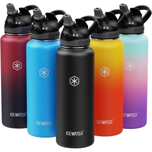 ICEWATER-128 oz, One gallon, Insulated Water Bottle With Straw, Auto Straw Lid, Pop-up Top, One-hand Operation, Lockable Lid, Leak Proof, Double Walled Vacuum Stainless Steel (128 oz, Black)