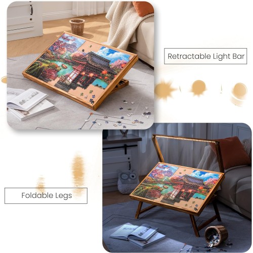 Tektalk Jigsaw Puzzle Table with LED Light, Jigsaw Puzzle Board with Folding Legs and Cover, Wooden Plateau with 5 Adjustable Angles, for Puzzle Storage, for Up to 1000 Pieces