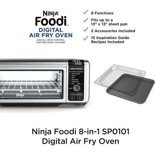 Ninja SP101 Digital Air Fry Countertop Oven with 8-in-1 Functionality, Flip Up & Away Capability for Storage Space, with Air Fry Basket, Wire Rack & Crumb Tray, Silver