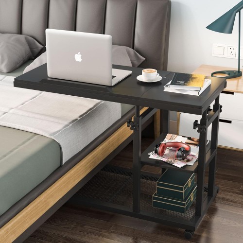 Tribesigns Height Adjustable C Table with Wheels, Mobile Couch Snack Side Table with Tiltable Drawing Board, Sofa Bedside Laptop Stand C Shaped TV Tray with Storage Shelves (Black)