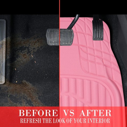 CAR PASS Leather Car Floor Mats -3D Waterproof All Weather, Universal Trim to Fit & Anti-Slip Burr Bottom Safety & Light Easy Clean Install for SUV Truck Auto (Pink) 4 Piece Sedan Van