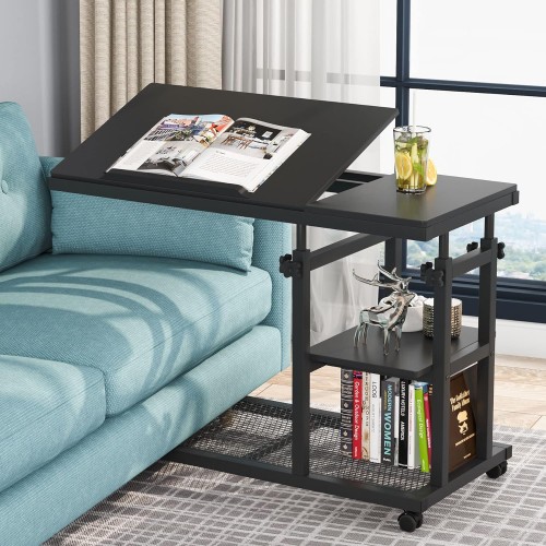 Tribesigns Height Adjustable C Table with Wheels, Mobile Couch Snack Side Table with Tiltable Drawing Board, Sofa Bedside Laptop Stand C Shaped TV Tray with Storage Shelves (Black)