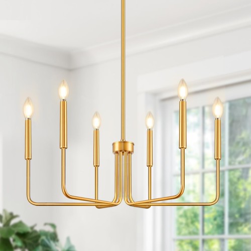 Gold Chandelier, 6-Light Farmhouse Chandelier for Dining Room Lighting Fixtures Hanging, Dining Light Fixtures Industrial Modern Chandelier for Bedroom, Foyer, Hall, Porch, Living Room and Entrywa