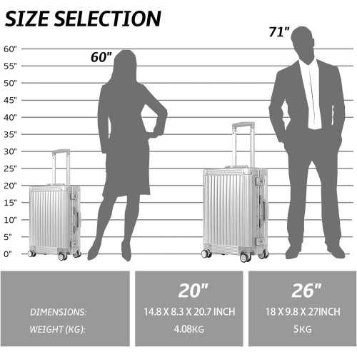 DOMINOX All Aluminum Carry On Luggage Hard Shell Luggage Aluminum Suitcase for Travel Zipperless Luggage Checked Luggage with Silent 360° Spinner Wheels 20 In. (Vertical Grain Style, Sliver)