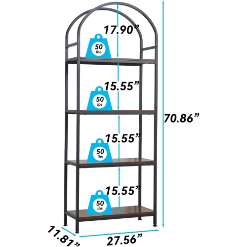 BRIAN & DANY Bookshelf, 4 Tier Tall Black Bookcase Metal Book Shelf, Larger Compartments Arched Display Shelves Open Storage Rack Shelving for Home Office, Bedroom, Living Room, Study, Oak