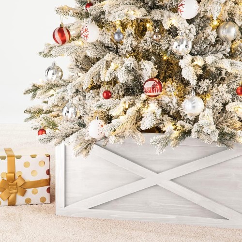 glitzhome 26" L Washed White Wooden Tree Collar Tree Stand Cover Christmas Tree Skirt Tree Box