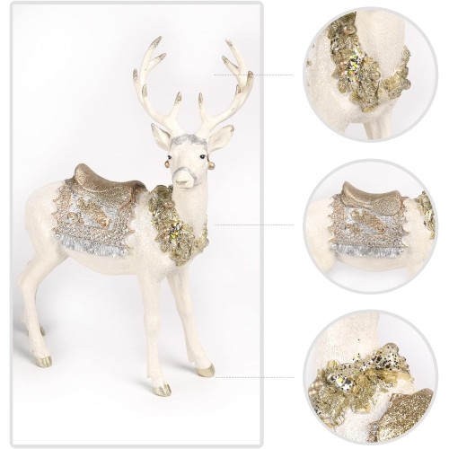 Reindeer-Figurine Christmas-Decorations Standing Deer Statue - Cream and Gold Collectible Table Desk Decor 12L x 5.5W x 15.7H inch Neman House Studio