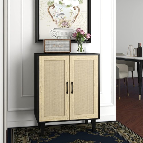 Panana Buffet Cabinet Sideboard with Rattan Decorated Doors Kitchen Storage Cupboard Accent Cabinet (Black)