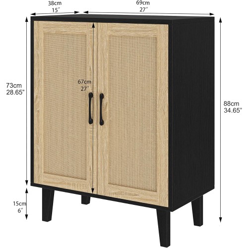 Panana Buffet Cabinet Sideboard with Rattan Decorated Doors Kitchen Storage Cupboard Accent Cabinet (Black)