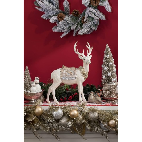 Reindeer-Figurine Christmas-Decorations Standing Deer Statue - Cream and Gold Collectible Table Desk Decor 12L x 5.5W x 15.7H inch Neman House Studio