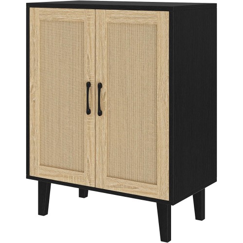 Panana Buffet Cabinet Sideboard with Rattan Decorated Doors Kitchen Storage Cupboard Accent Cabinet (Black)