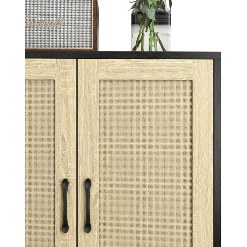 Panana Buffet Cabinet Sideboard with Rattan Decorated Doors Kitchen Storage Cupboard Accent Cabinet (Black)