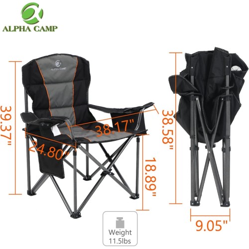 ALPHA CAMP Oversized Camping Folding Chair, Heavy Duty Support 450 LBS Steel Frame Collapsible Padded Arm Chair with Cup Holder Quad Lumbar Back, Portable for Outdoor,Black