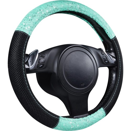 CAR PASS Lace and Spacer Mesh Steering Wheel Covers,14.5-15 Inch Car Steering Wheel Cover Fit for 95% Sedan,Vans,SUV,Coupe,Cars. Pretty Sequins Cute Women Girls(Mint Lace)