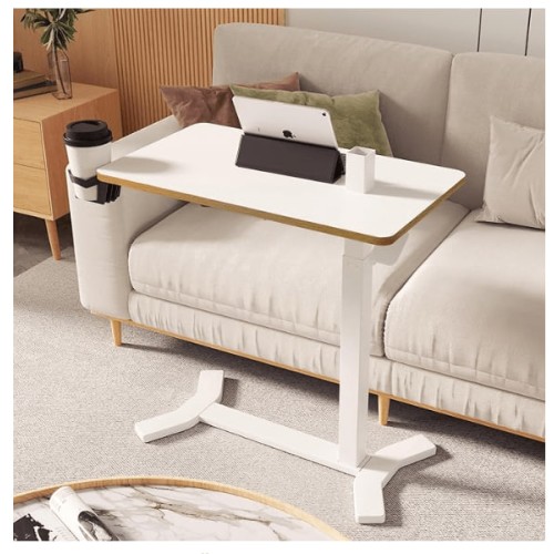 SANODESK Medical Adjustable Overbed Bedside Table with Hidden Casters, Pneumatic Mobile Laptop Computer Standing Desk Cart with Tray, Hospital and Home Use(27.6″ W x 15.7″ D, White)