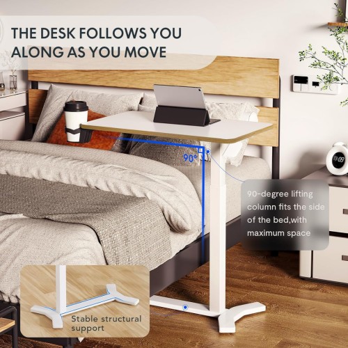 SANODESK Medical Adjustable Overbed Bedside Table with Hidden Casters, Pneumatic Mobile Laptop Computer Standing Desk Cart with Tray, Hospital and Home Use(27.6″ W x 15.7″ D, White)