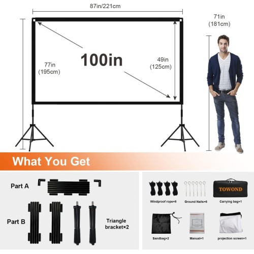 Projector Screen and Stand, Towond 100 inch Portable Movie Screen Indoor Outdoor 16:9 4K HD Front Rear Projection Screen with Carry Bag Wrinkle-Free and Foldable Design for Backyard Movie Night