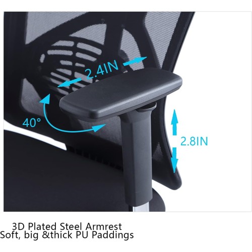 Ticova Ergonomic Office Chair - High Back Desk Chair with Adjustable Lumbar Support & 3D Metal Armrest - 130°Reclining & Rocking Mesh Computer Chair with Thick Seat Cushion & Rotatable Headrest