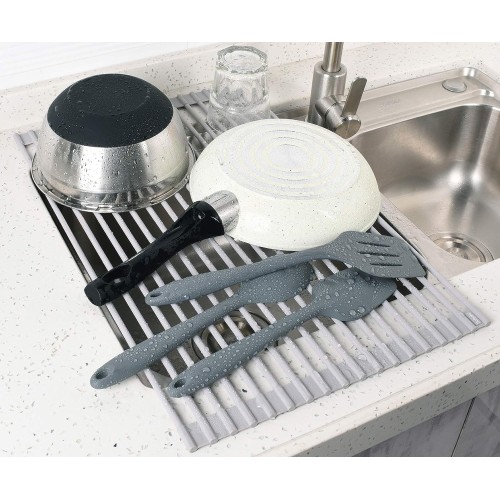 Surpahs Over Sink Foldable Multipurpose Roll-Up Dish Drying Rack, Silicone Wrapped Stainless Steel, Warm Gray, 20.5" x 13.1"