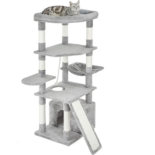 Pesofer 56 Inches Cat Tree Multi Level Cat Tower with Sisal-Covered Scratching Posts, Kitty Playhouse and Large Top Perch Light Grey