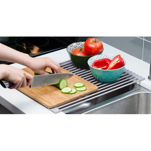 Surpahs Over Sink Foldable Multipurpose Roll-Up Dish Drying Rack, Silicone Wrapped Stainless Steel, Warm Gray, 20.5" x 13.1"