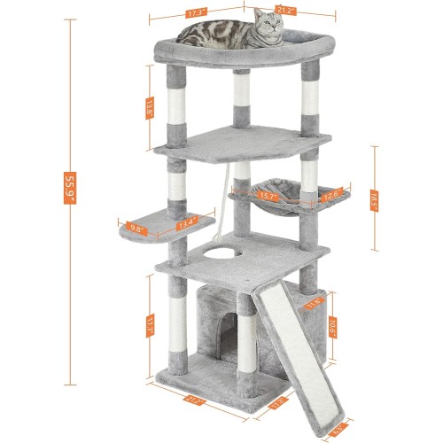 Pesofer 56 Inches Cat Tree Multi Level Cat Tower with Sisal-Covered Scratching Posts, Kitty Playhouse and Large Top Perch Light Grey