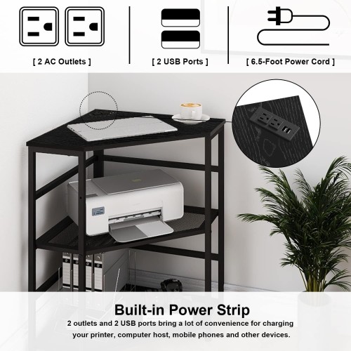 VEDECASA Corner Printer Stand Table with Power Outlet Charging Plugs USB Port Adjustable Storage Shelf Computer Tower CPU Stand Holder for Home Office