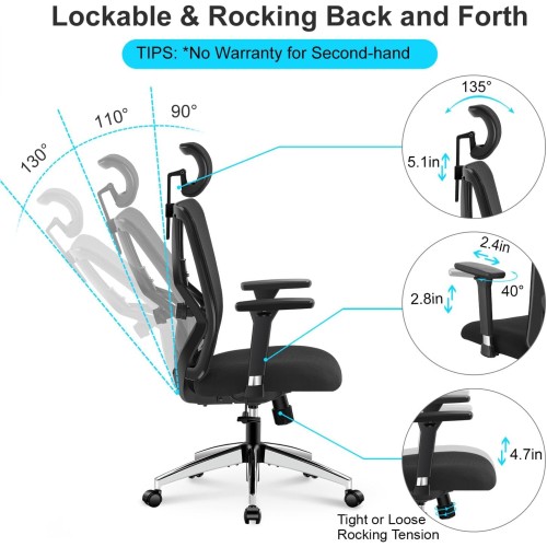 Ticova Ergonomic Office Chair - High Back Desk Chair with Adjustable Lumbar Support & 3D Metal Armrest - 130°Reclining & Rocking Mesh Computer Chair with Thick Seat Cushion & Rotatable Headrest