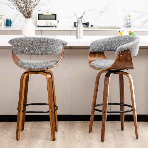 glitzhome Swivel Barstools Set of 2-29.5''Seat Height Bar Chairs Fabric Upholstered and Walnut Wood Frame Bar Height Stools for Home Bar Furniture, Grey-2 Pack