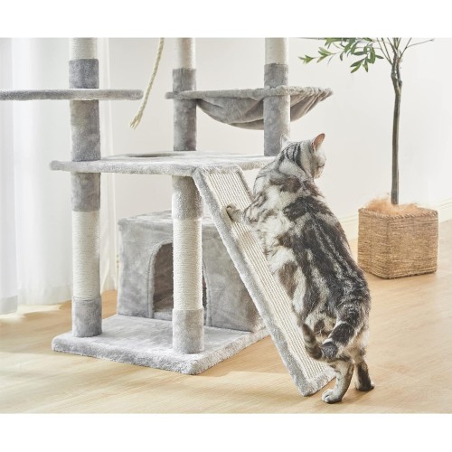 Pesofer 56 Inches Cat Tree Multi Level Cat Tower with Sisal-Covered Scratching Posts, Kitty Playhouse and Large Top Perch Light Grey