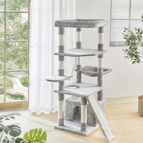 Pesofer 56 Inches Cat Tree Multi Level Cat Tower with Sisal-Covered Scratching Posts, Kitty Playhouse and Large Top Perch Light Grey