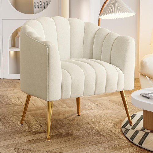 Dewhut Oversized Pumpkin Couch Accent Chair, Modern Comfy Velvet Upholstered Barrel Chairs, Luxury Single Sofa Armchair for Living Room, Waiting Room, Office and Vanity, (Beige)