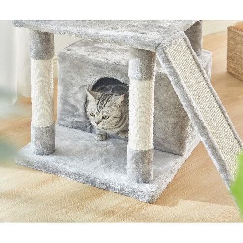 Pesofer 56 Inches Cat Tree Multi Level Cat Tower with Sisal-Covered Scratching Posts, Kitty Playhouse and Large Top Perch Light Grey