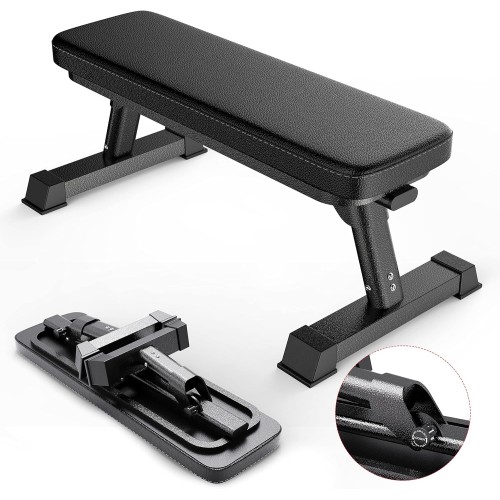 Finer Form Gym Quality Foldable Flat Bench for Multi-Purpose Weight Training and Ab Exercises - Free PDF Workout Chart Included