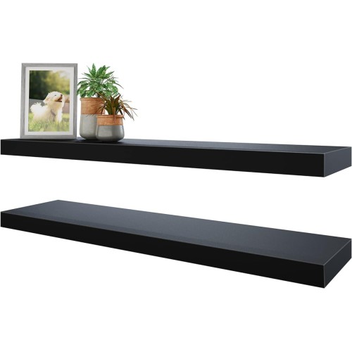 BAMEOS Floating Shelves, Black Wall Mounted Wooden Shelves with Invisible Brackets Set of 2, Hanging Wall Shelves Decoration for Bedroom, Bathroom, Living Room and Kitchen