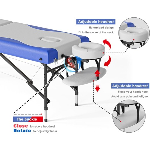 CLORIS 84" Professional Massage Table Portable 2 Folding Lightweight Facial Solon Spa Tattoo Bed Height Adjustable with Carrying Bag & Aluminium Leg Hold Up to 1000LBS