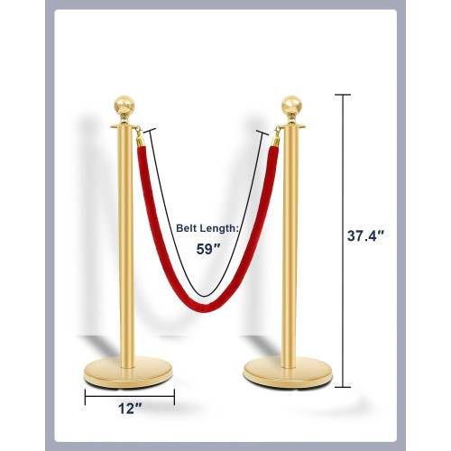 Stanchions Crowd Control Barriers Golden Stanchion with 4.8 Foot Red Velvet Rope Line Dividers for Party, Museums, Wedding 2PCS