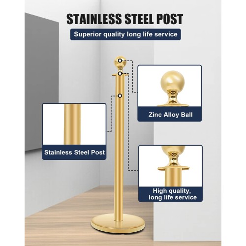 Stanchions Crowd Control Barriers Golden Stanchion with 4.8 Foot Red Velvet Rope Line Dividers for Party, Museums, Wedding 2PCS