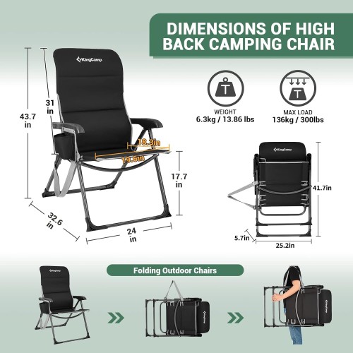 KingCamp Reclining Camping Folding Chair, Padded Lumbar Support Heavy Duty High Back Adults Chairs with Carry Strap Pocket for Garden Lawn Patio Outdoor Camp Black