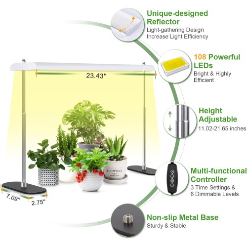 FOXGARDEN Grow Light Stand, 108 LEDs Plant Grow Lamp for Indoor Plants Full Spectrum, Auto 4/8/12H Timer, 6 Dimmable Levels, Height Adjustable, Iron Frame, Ideal for Seedling Veg Flower