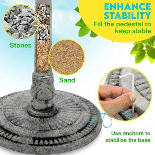 Gray Bunny 28.5" Bird Baths for Outdoors, Tall Bird Bath, Stylish Faux Stone Designed with Steel Ground Anchors for Lawn, Patio or Garden - Gray